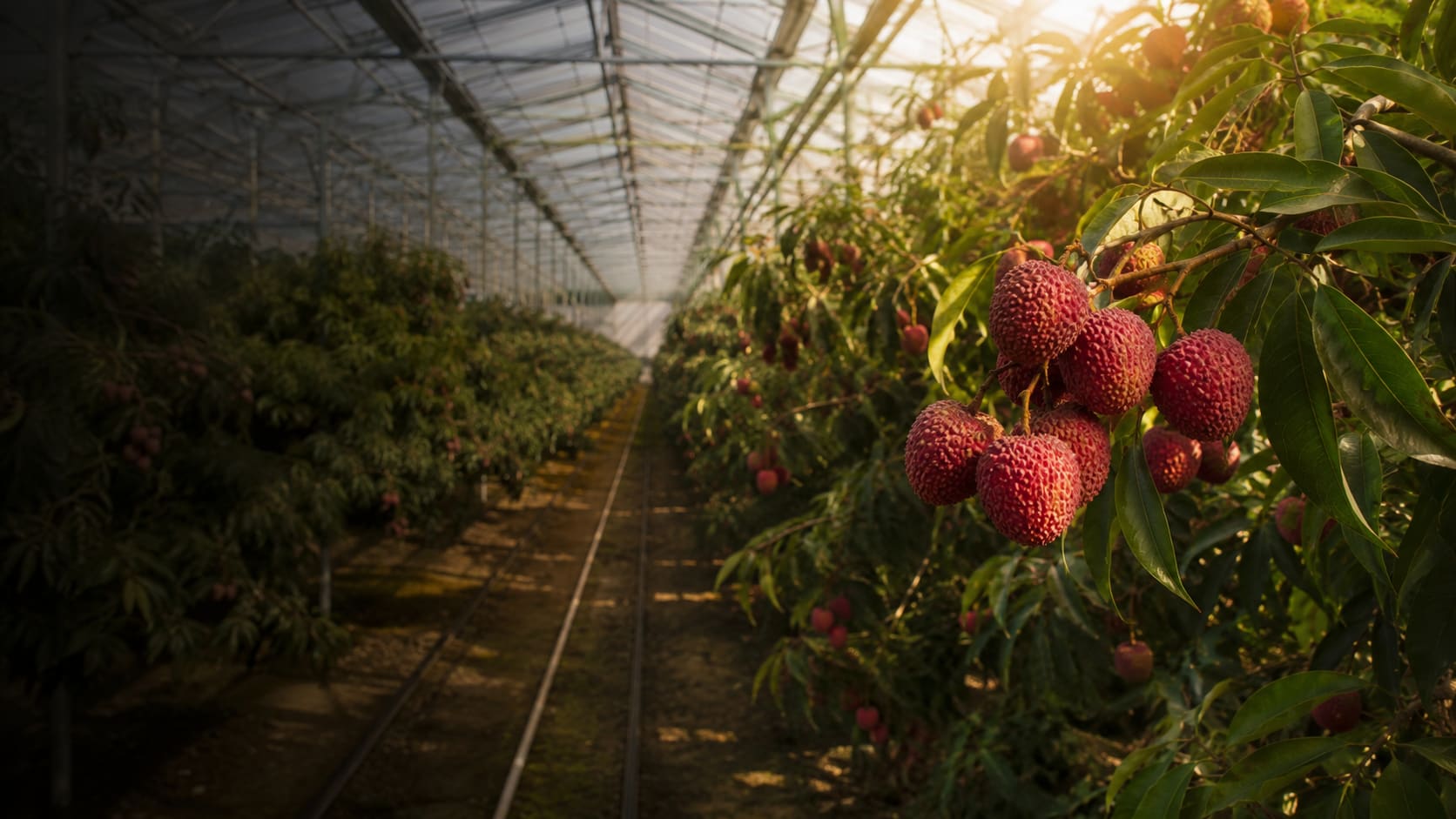 Looking down a row of lychee trees inside one of the glasshouses, ripe fruit hanging in the foreground and low sun coming through the glass