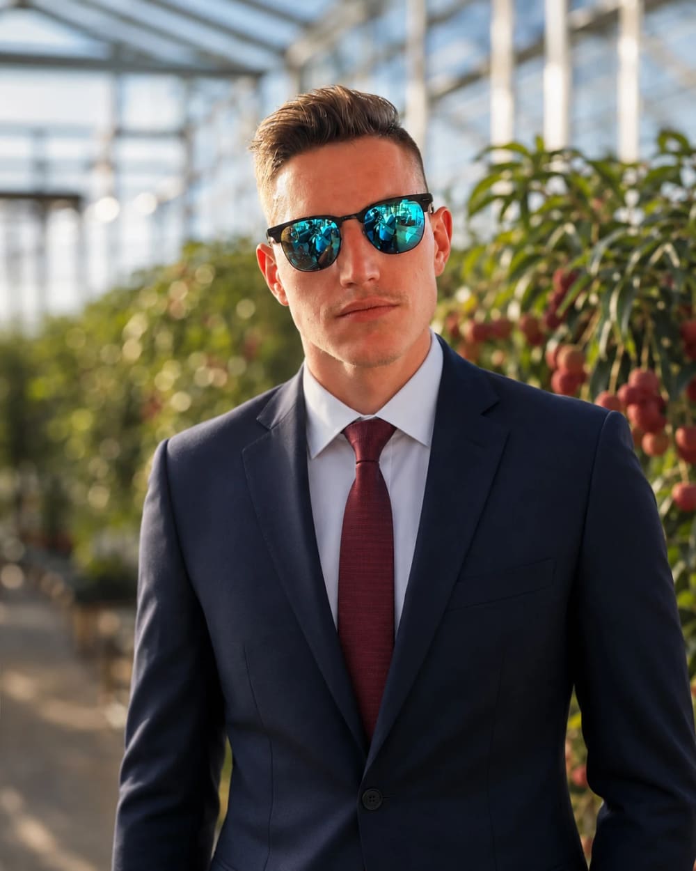 Daniel in a navy suit and dark red tie, wearing sunglasses, in one of the glasshouse rows with fruit on the trees behind him
