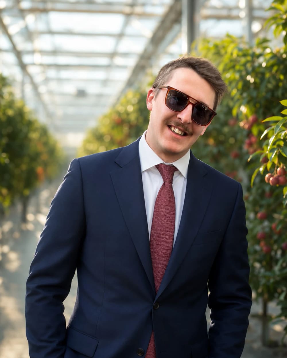 Kevin in a navy suit and dark red tie, wearing sunglasses, in one of the glasshouse rows with fruit on the trees behind him