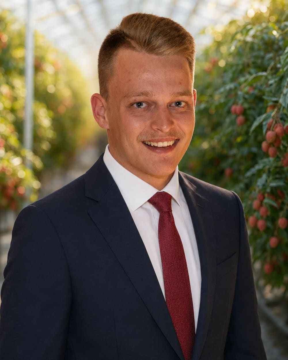 Max in a navy suit and dark red tie, smiling, in one of the glasshouse rows with fruit on the trees behind him