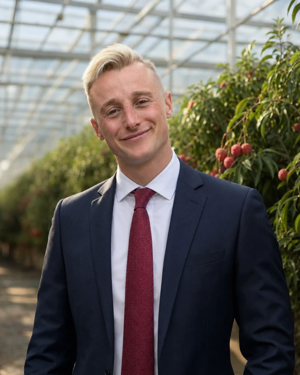 Patrick in a navy suit and dark red tie, in one of the glasshouse rows with fruit on the trees behind him